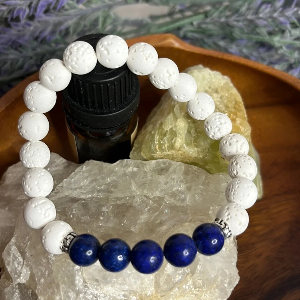 NEW Blue Lapis Essential Oil Diffuser Bracelet White Natural Lava stone